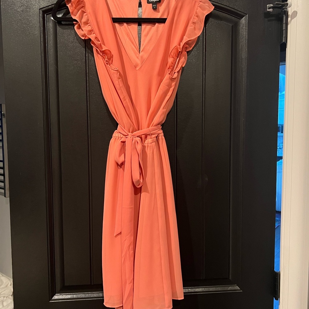 Coral Ruffle Sleeve Dress